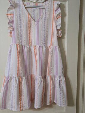 M Time & Tru Flutter Sleeve Tier Dress Orange-Lavender Stripes Pattern & Ruffle